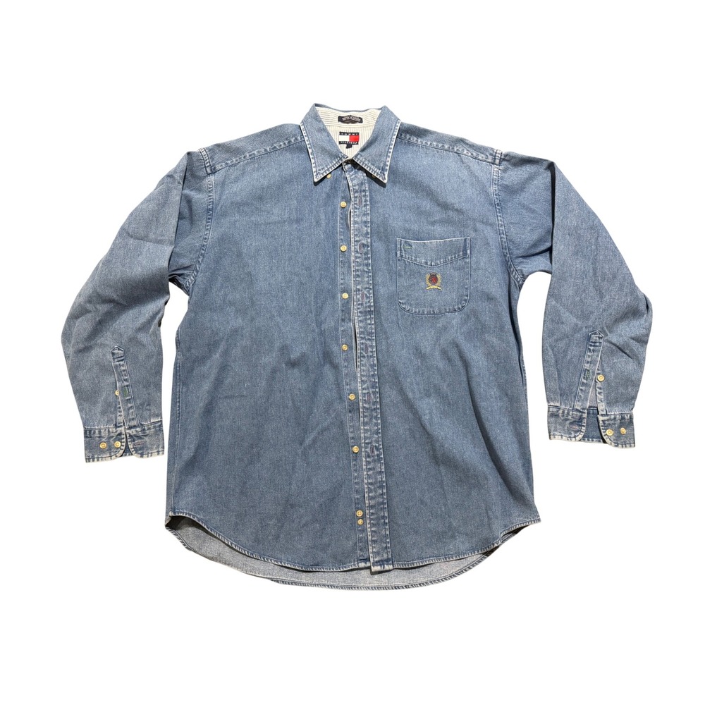 Tommy Hilfiger Denim Shirt Mens L/G Blue Vintage Crest Logo Long Sleeve
